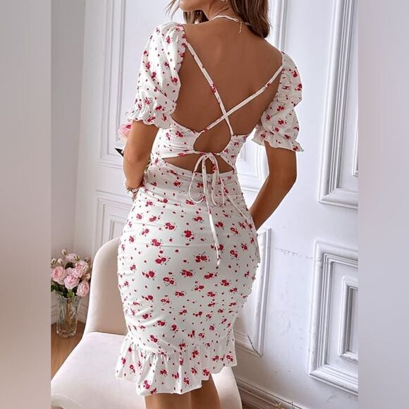 Floral Short Puff Sleeve Tie Back Ruche Backless Bodycon Dress - Picture 2 of 2